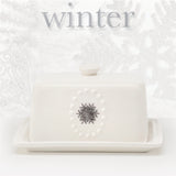 White Ceramic Butter Dish/Server and 5 Interchangeable Metal Seasonal/Decor Magnets