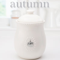 White Ceramic Canister w/Lid and  5 Interchangeable Metal Seasonal/Decor Magnets.