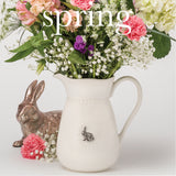 White Ceramic Water Pitcher w/Handle and 5 Interchangeable Metal Seasonal/Decor Magnets.