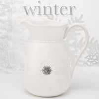 White Ceramic Water Pitcher w/Handle and 5 Interchangeable Metal Seasonal/Decor Magnets.